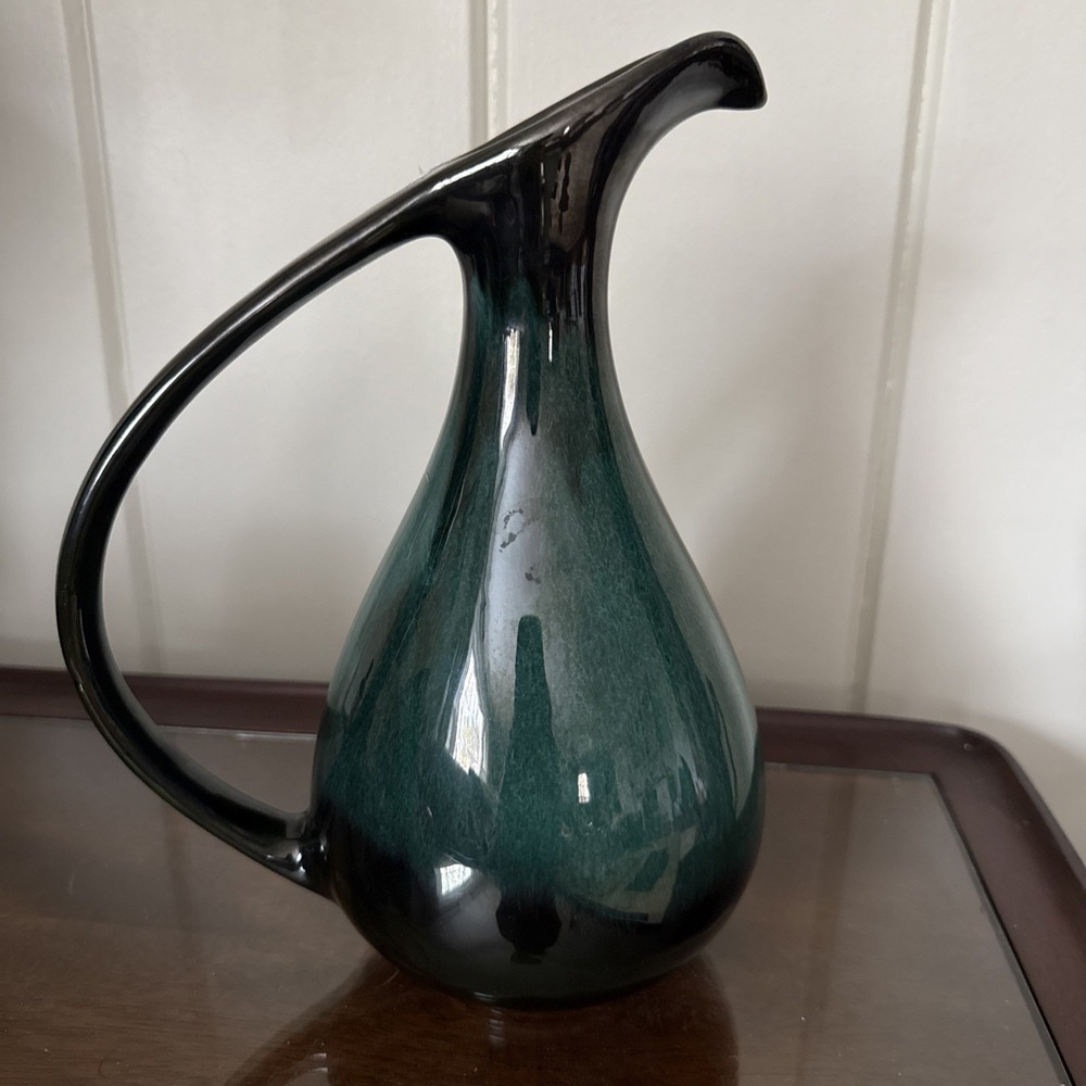 Vintage Blue Mountain Pottery Ewer Vase Pitcher 10" Blue Green Drip Glaze